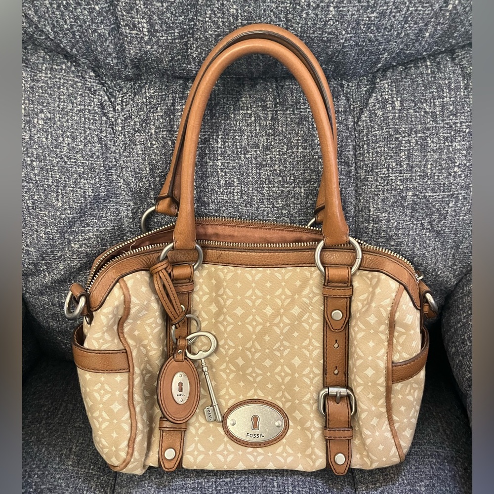 Fossil Two Tone Cream Textile and Brown Leather Buckle Accents and Key